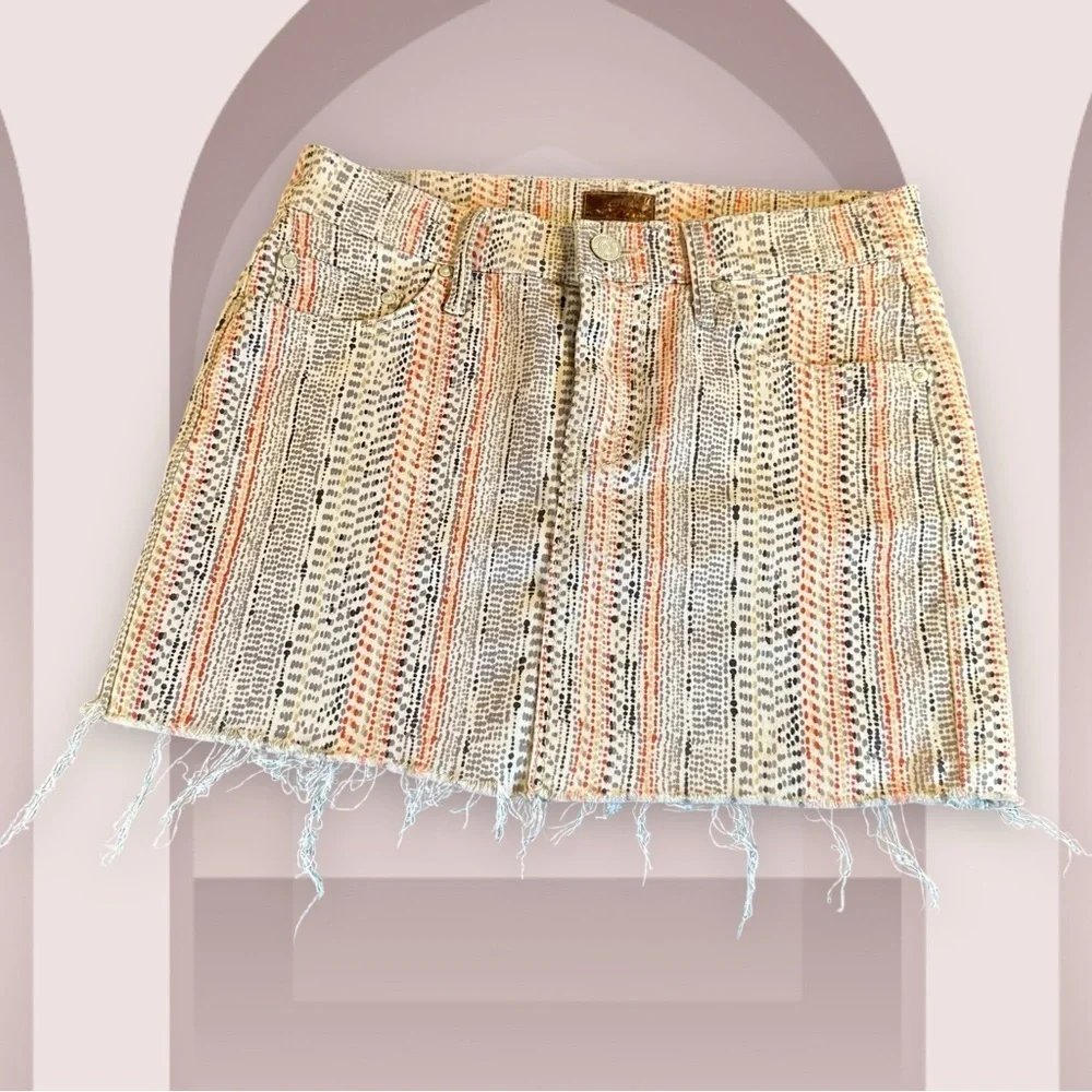 NWT MOTHER Denim ‘Straight Mini Fray’ Denim Skirt in “Mandarin” Orange Dot Print